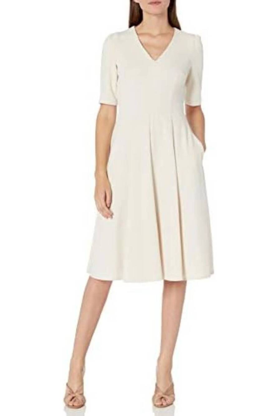 NEW DONNA MORGAN v-neck short sleeve a-line dress in horn